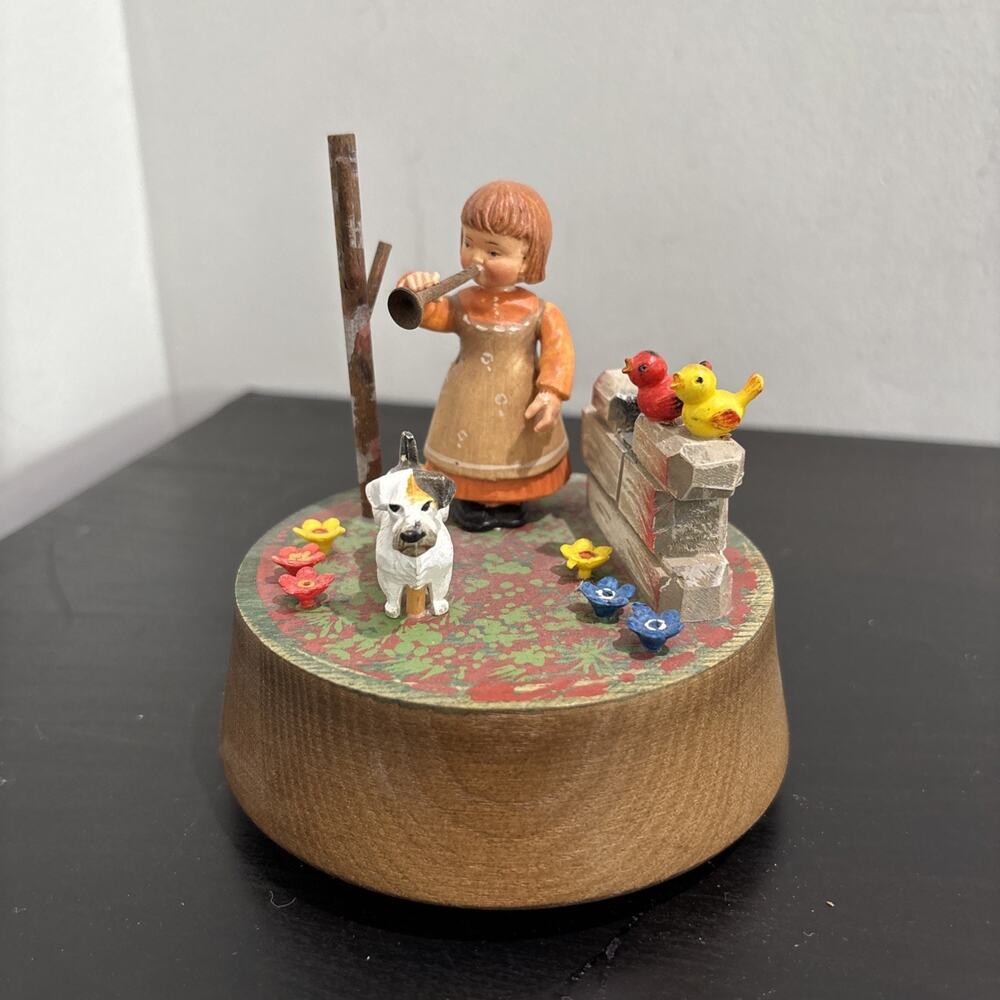 ANRI Wooden Music Box You Light Up My Life Girl Trumpet Dog Birds Hand Carved